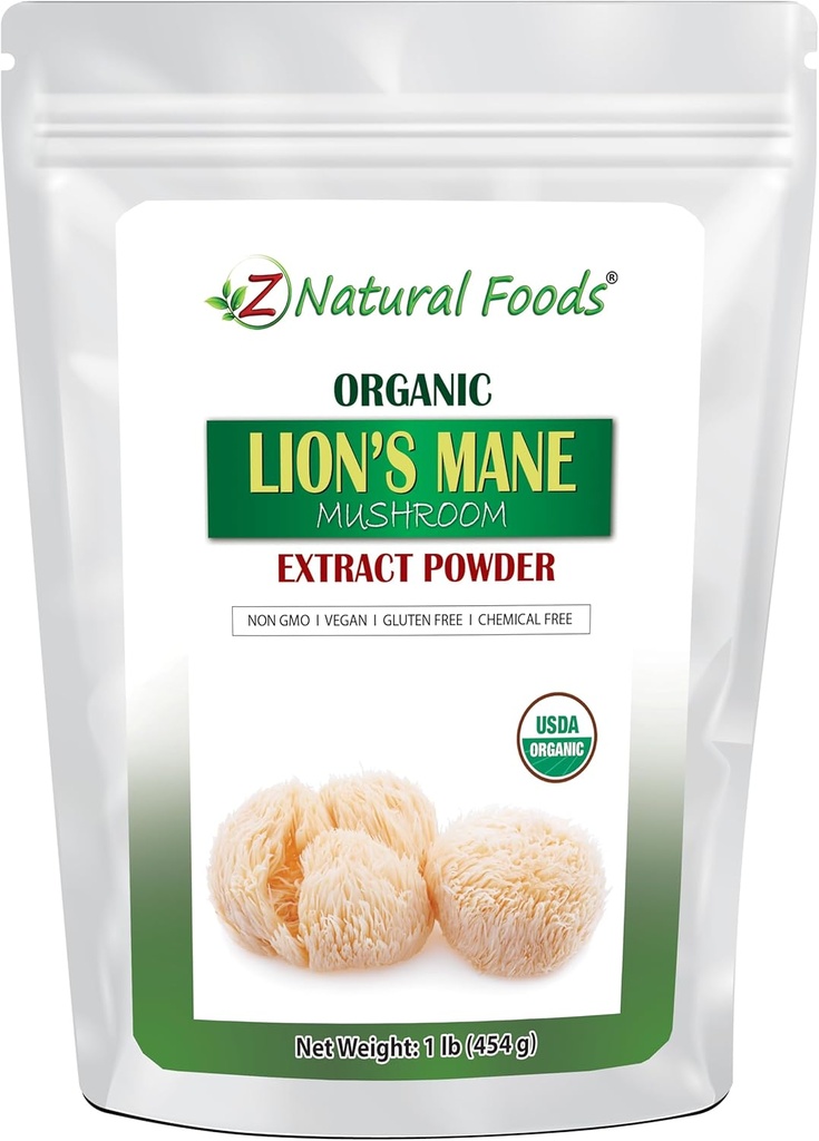 Z Natural Foods Organic Lion’s Mane Sēņu ekstrakts Pulveris, Vitamīn-Rich Superfood Pulveris, Perfekts tējas un gludumiem, Non-GMO, Vegan, Gluten-free, Kosher, 1 lb.