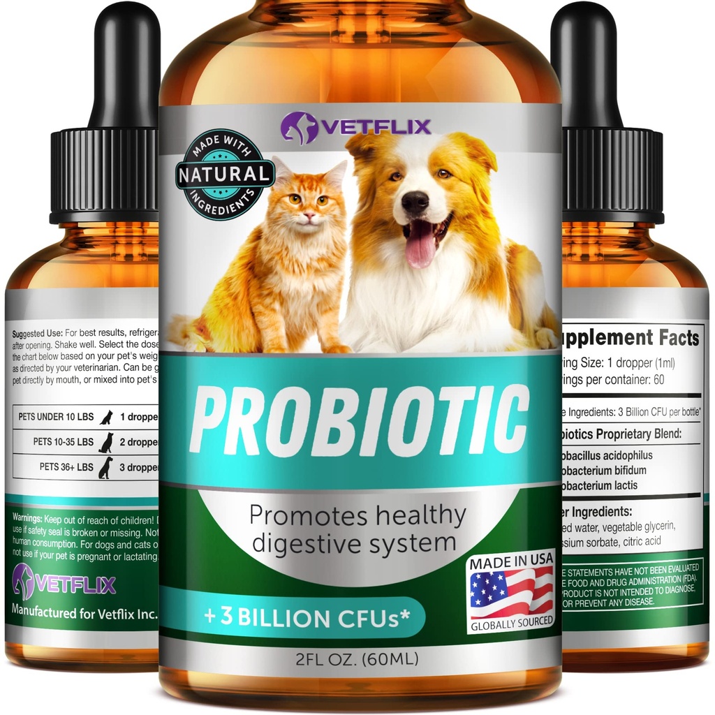 Premium Probiotikas suņiem, kaķiem - Gremošanas enzīmi & Prebiotikas Papildinājums - Palīdz atvieglot caureju, Vemšana, Uzsākta kuņģis, Gāze, Aizcietējums un slikta elpa - Atbalsta Gremošanas sistēma - 2 Fl Oz