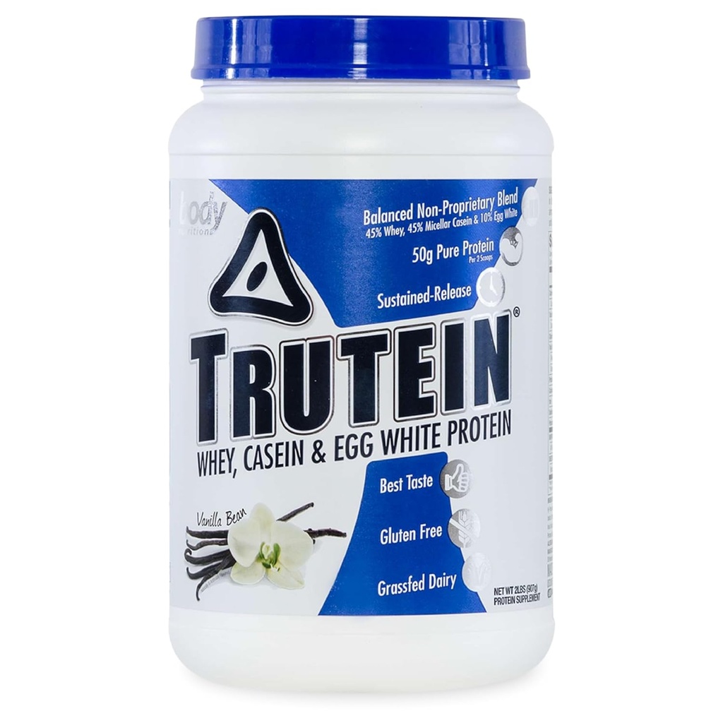 Ķermeņa Nutrition Trutein Augsta Proteīna Pulveris: 45% Sūkalas, 45% Kazeīns, 10% Olu balts Proteīns Shake Mix, Gluten-free, Zems nātrija līmenis, Zems Karb Olbaltumvielu Piedeva Pulveris vīriešiem un sievietēm, Vanilla Bean, 2lb