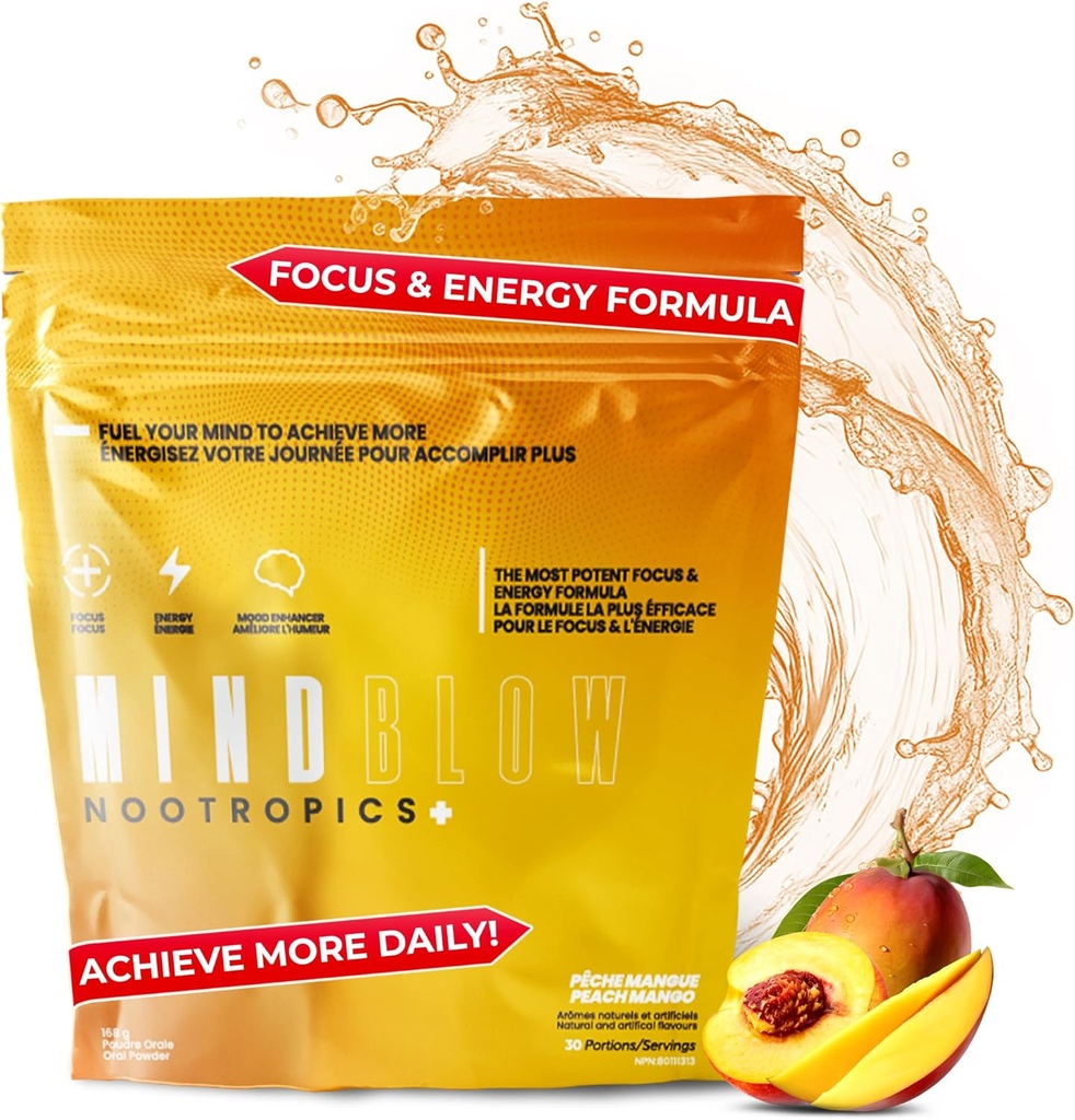Nootropisko smadzeņu papildinājums enerģijai, Focus & Mood with Cofeine, L-Tyrosine, Teacrine & Alpha GPC– Gamers, Gym Enthusiasts, Students & Uzņēmēji- 30 Servējumi (Peach Mango)