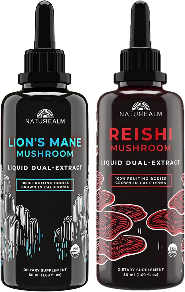 Naturealm Reishi & Lion’s Mane sēņu ekstrakts - Adaptogen Stack for Focus, Immunity, Longevity, Gut Health, Anti-Aging, Energy & More - Organic Liquid Drops - 50 ml katrs (2 iepakojumi)