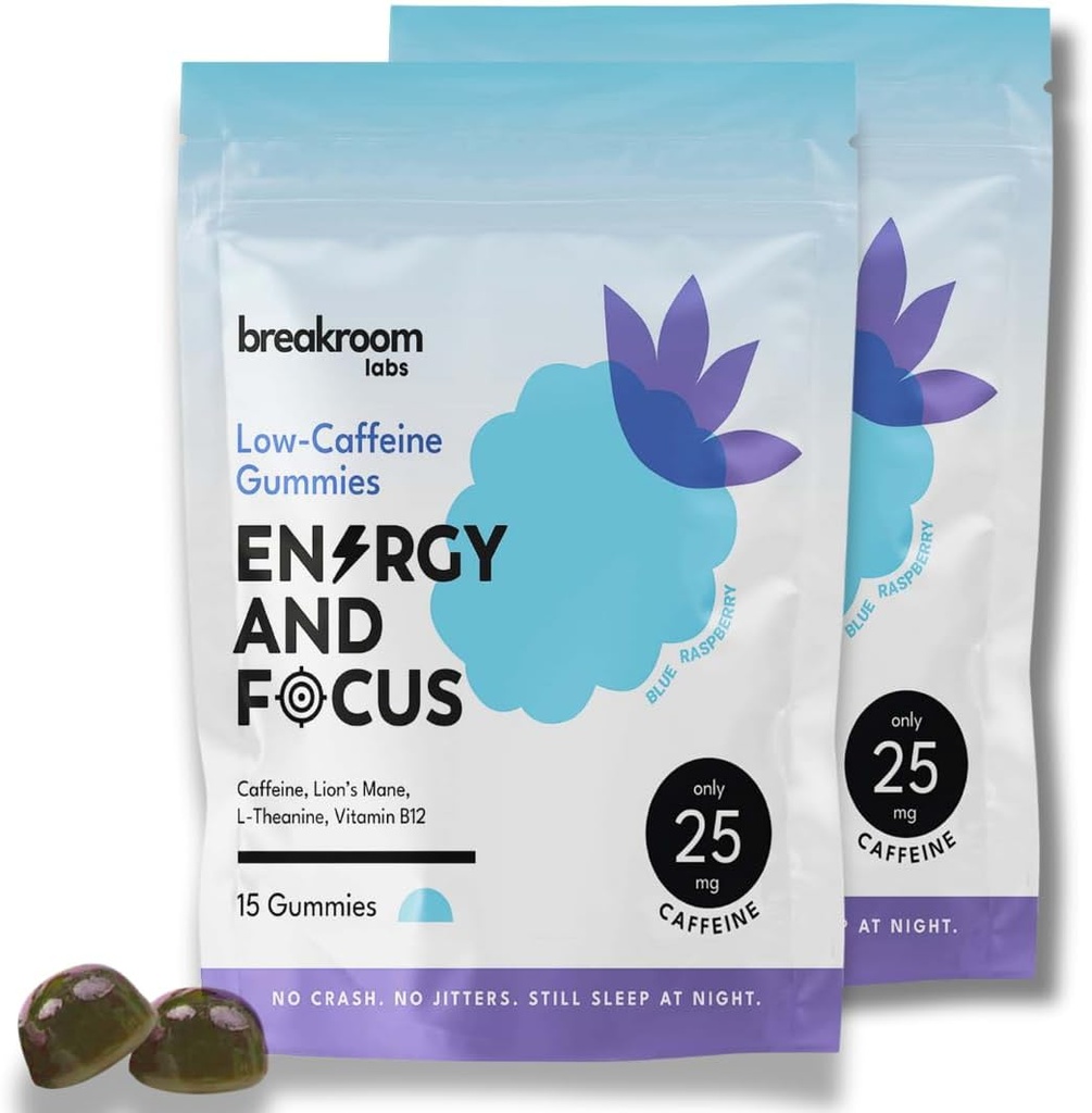 Breakroom Labs Enerģijas un Focus Gummies – Zems Kofeīns 25mg w/L-Teanine, Lions Mane, vitamīns B12 – Nootropās Smadzeņu Papildinājums pieaugušajiem, Bērni - Vegāns, Zems cukurs, Zilā aveņu Flavor, 30 Kalpo