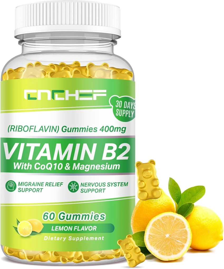 Vitamīns B2 Gumijas pieaugušajiem un bērniem - Riboflavin 400mg Papildinājums ar magnija Glycinate & CoQ10, Atbalsts Migrēna Relief & nervu sistēma, Boost enerģija, bez cukura Vegan B2 Gumies Lemon Flavor