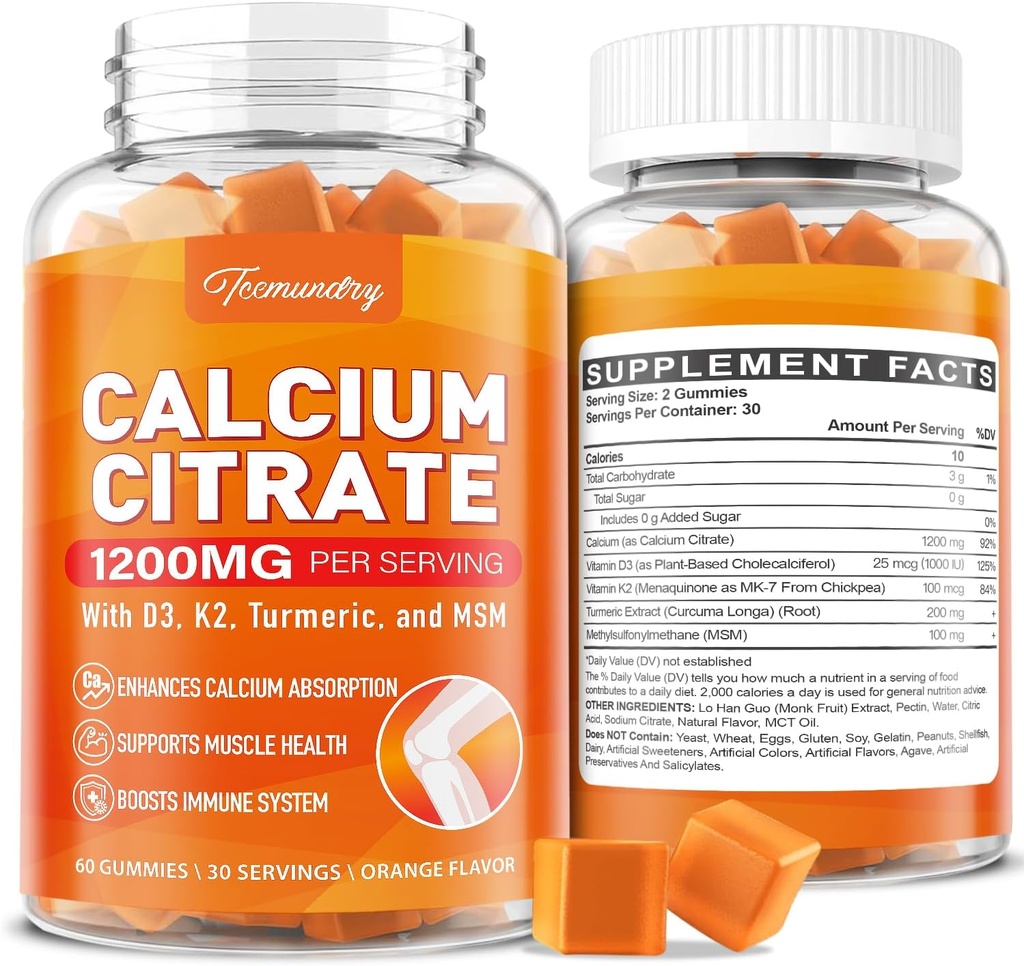 Kalcijs 1200 mg ar D3 vitamīna piedevu Gumijas pieaugušajiem: Ultimate Absorbcija Kalcija citrāts ar D3 K2 vitamīnu, kurkuma ekstrakts, MSM sievietēm Vīriešiem