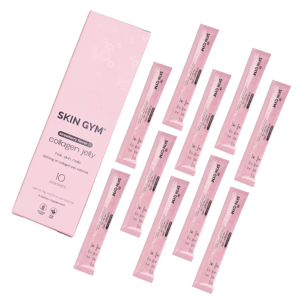 Ādas Gym kolagēns Jelly 10-Pack, Marine kolagēns, vitamīns C & Hyaluronic Acid, Daily Beauty Papildinājums matiem, ādas un nagu, zemeņu Flavor, 10 Pack