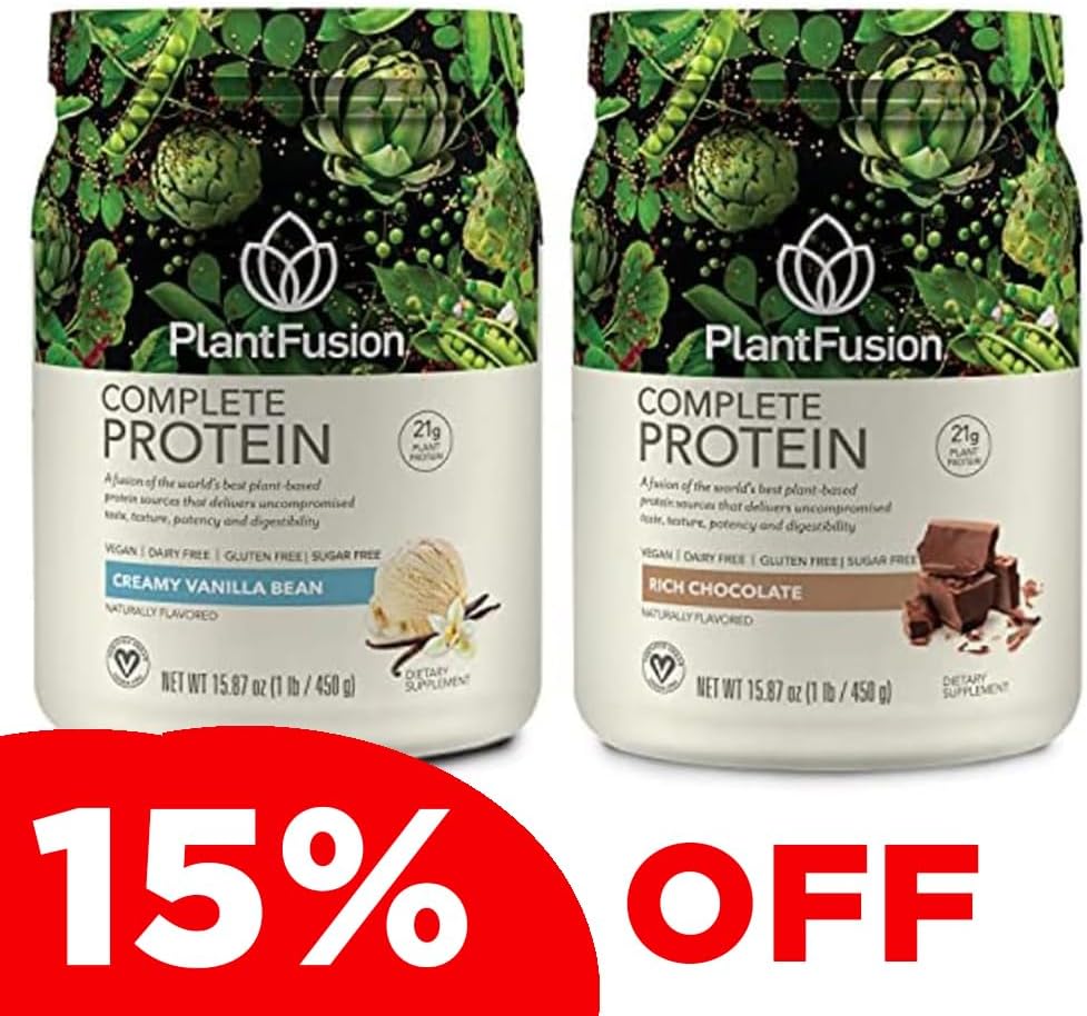 AugsFusion Complete Plant Based Pea Protein Powder Bundle, Non-GMO, Vegan, bez piena, bez lipekļa, bez sojas, bez alerģijas, bez w/digestive enzīmi, uztura papildinājums, Vanilla Bean un šokolādes 1 Pound