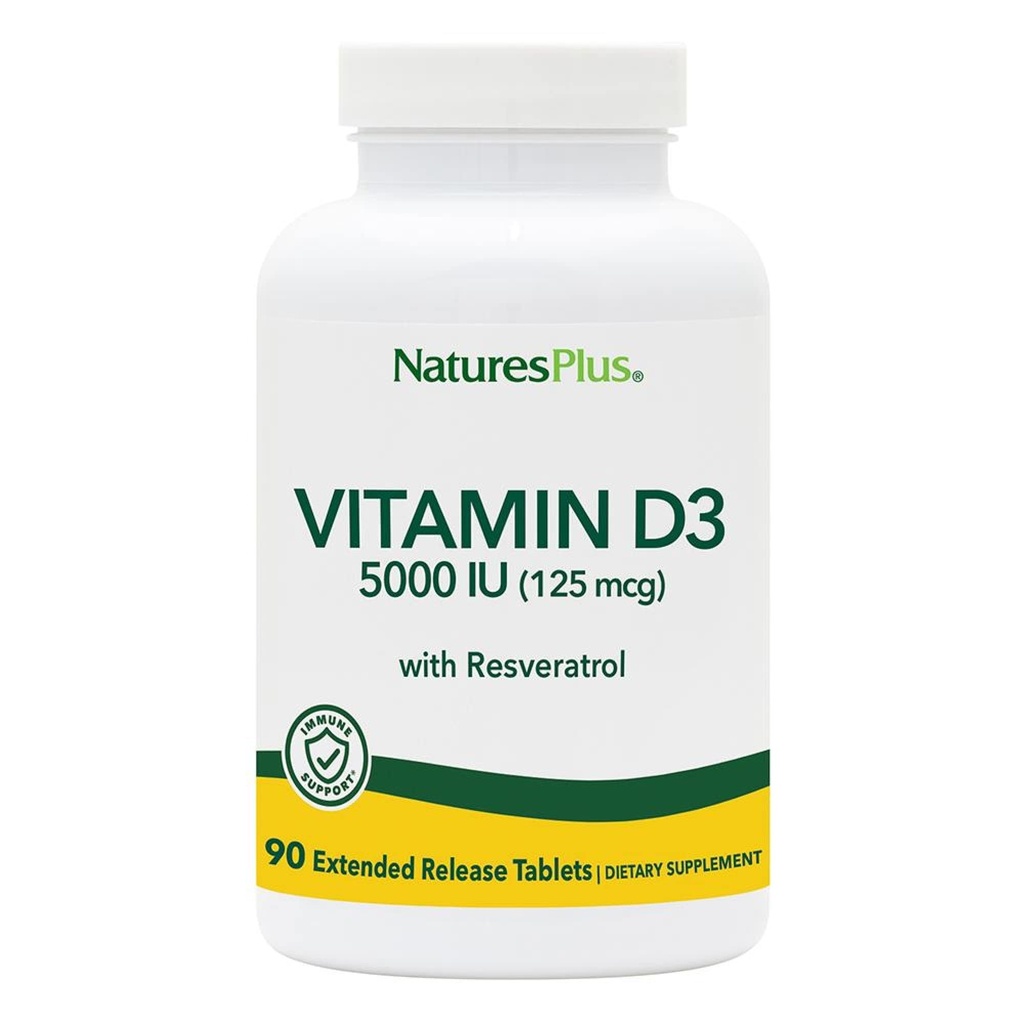 Natures Plus D3 vitamīns, paplašinātā atbrīvošanās - 90 Vegan tabletes - 5000 SV + 25 mg Trans-Resveratrol - Sirds un kaulu veselība, Imūnsistēmas atbalsts, anti-Aging - bez lipekļa - 90 Servējumi
