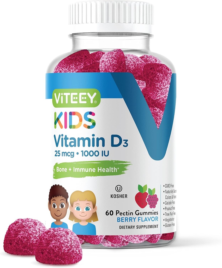 Vitamīns D3 Kids Gummies 25mcg 1000 SV - Kaulu veselība, imūnā veselība, locītavu muskuļu atbalsts - veģetārs, bez želatīna, bez lipekļa, bez ĢMO - garšīgs košļājams ogu aromatizēts