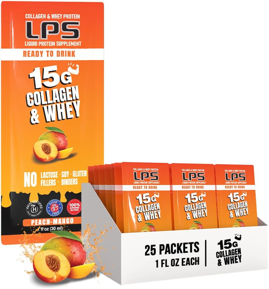 LPS Šķidrais kolagēns & sūkalu proteīns Papildinājums - Ne-GMO dzēriens, bez cukura - veicina veselīgu ādu un matu vīriešiem un sievietēm, persiku Mango, Single Serve (25 Packets)