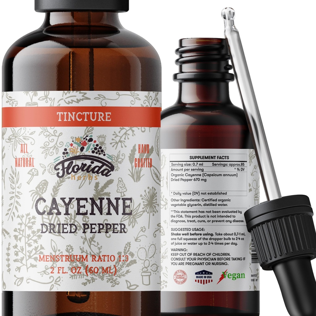 Cayenne Tincture Extract, Organic Cayenne (Capsicum annuum) Kaltēti pipari – dārzeņu glicerīns – ne-GMO – 2oz
