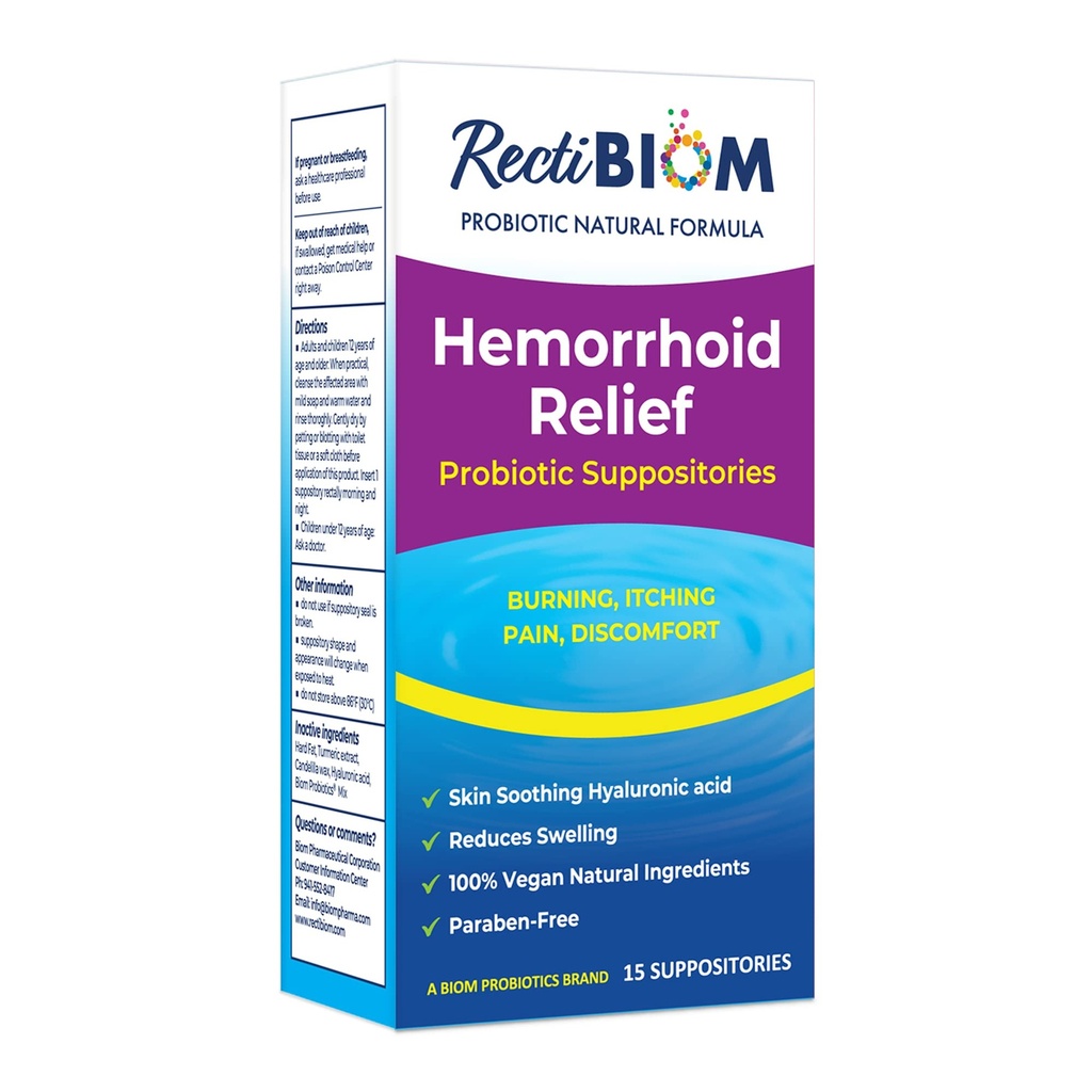RectiBiom Probiotikas Hemorrhoid Relief Supozitoriji ar ādas nomierinošas dabas sastāvdaļas, ātri atvieglojumu. Hialuronskābe un kurkuma