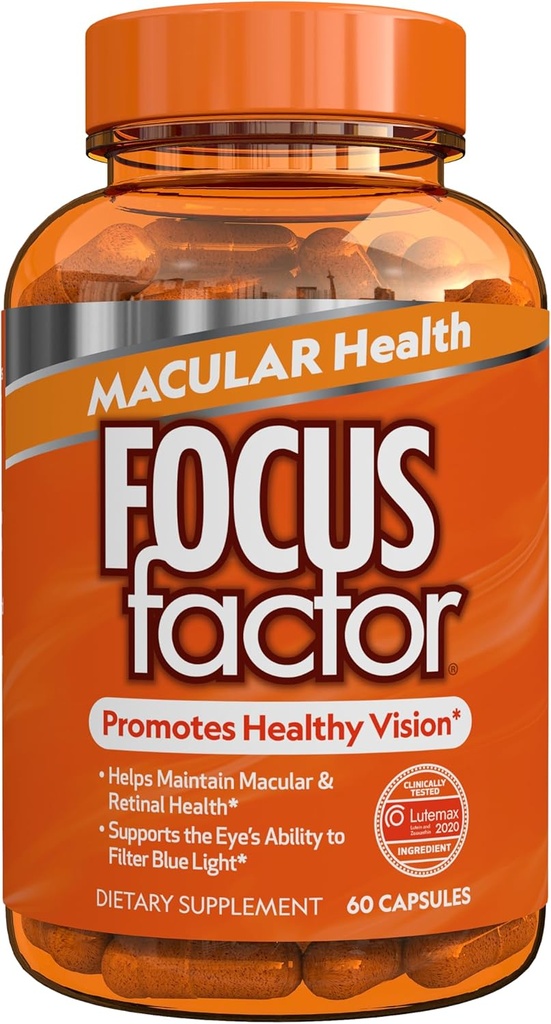 Focus Factor Macular Health Formula (60 Skaits) - Acu Vitamīni makulārajam atbalstam - Luteīns un Zeaksantīns Papildinājums ar Folātu, B12 vitamīns, C vitamīns, E vitamīns, Lutemax 2020® - acu veselības atbalsts