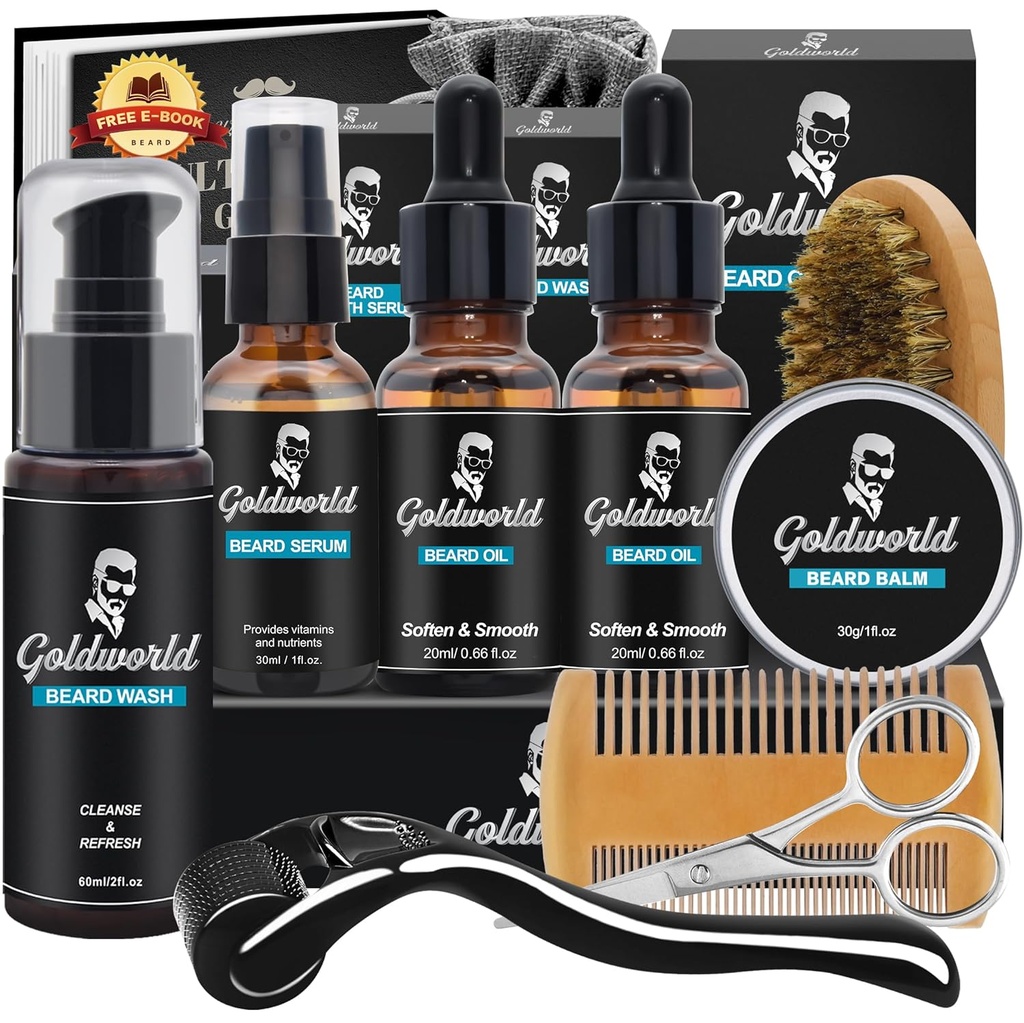 Lopbarības komplekts,Beard Grooming Kit w/Beard Wash/Shampoo,2 Iepakojumi Lopbarības eļļa,Beard Balm,Beard Wash,Brush,Comb,Scissor,Storage Bag,E-Book,Beard Care & Trimmering Kit