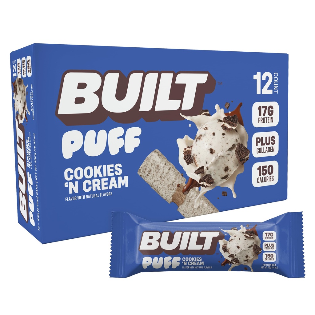 Built stienis, Puff proteīnbars, Cookies 'N Cream Puff, 17g Olbaltumvielas Uzkodas, On-The-Go Bars, Tikai 140 Kalorijas, 7g Cukurs, Kolagēns, Nav lipekļa, 12 Skaits