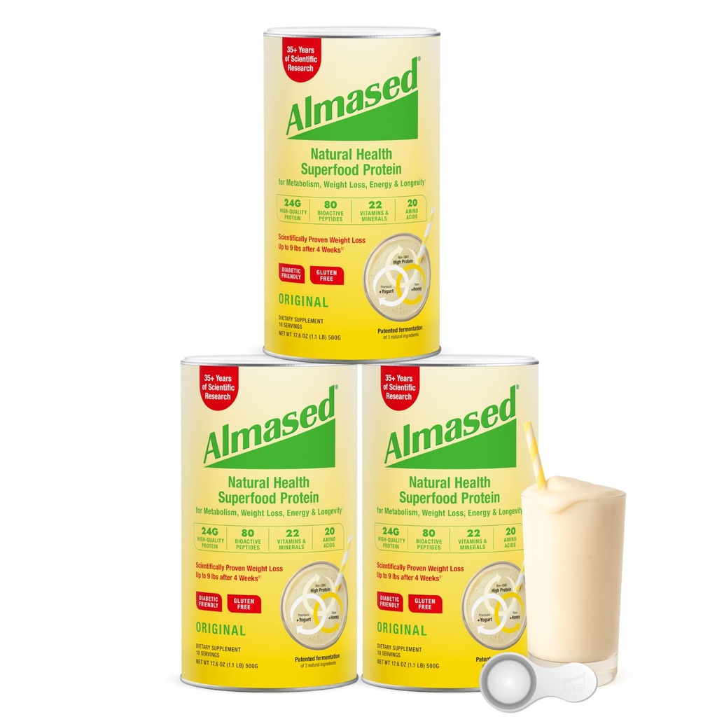 Almasēts proteīns Pulveris svara zaudēšanas komplektam vīriešiem un sievietēm, Dabiskas maltītes aizstāšanas krata svara zaudēšanai, papildinājums, 27 Olbaltumvielas Grams uz vienu apkalpo (Original Flavor, 3 Cans @ 17.6 oz ea + Scoop)