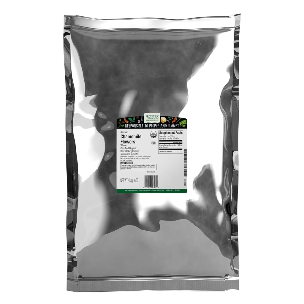 Frontier Co-op Organic Veselas kumelītes Ziedi, Košera, Beztaras Ārstniecības augi - Žāvēti kumelīšu Ziedi Tējai, Dabīga ādas kopšanas Receptes un vēl 