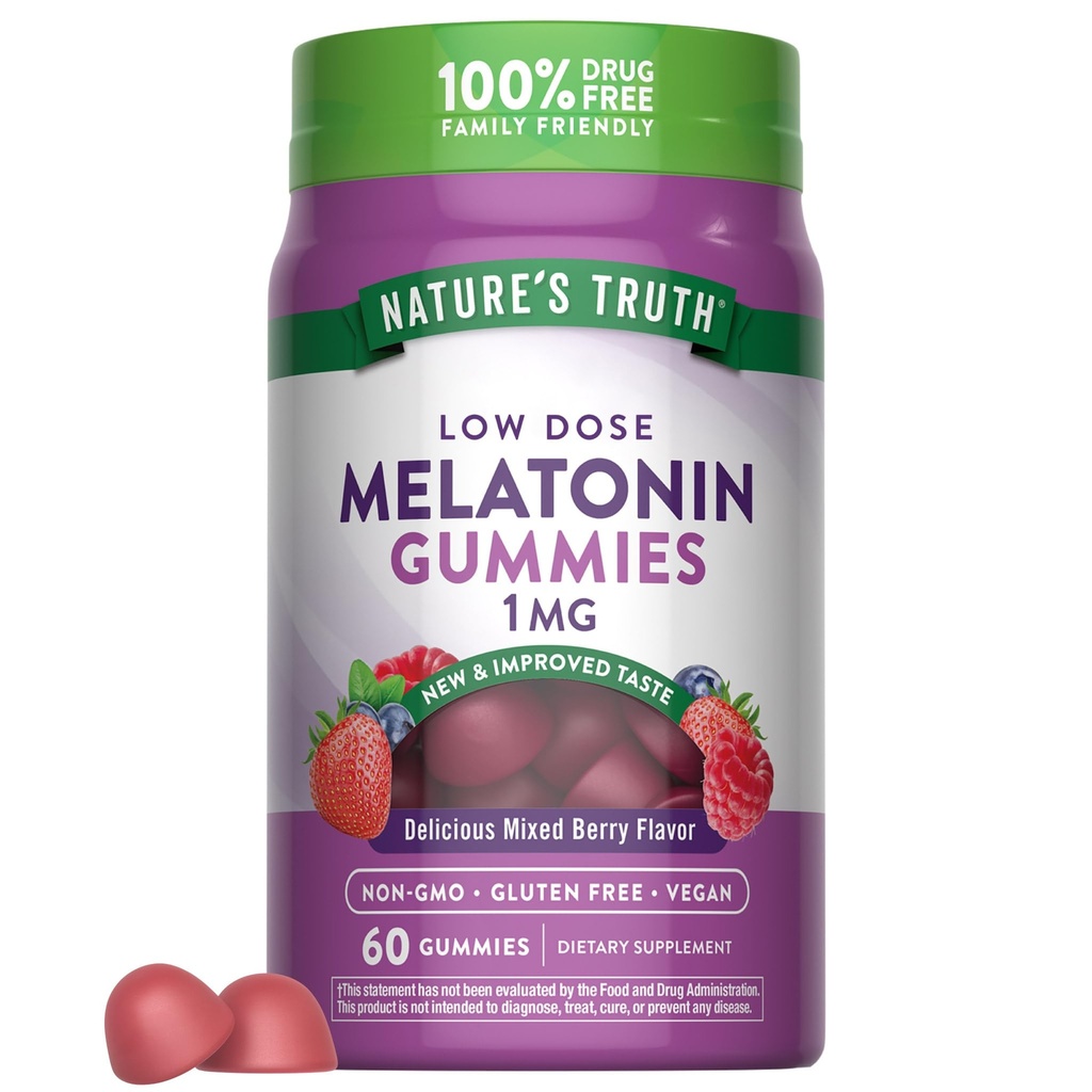 Dabas patiesība Melatonin Gummies - 1mg - 60 Grāfs - Cherry Granātābols Flavor - Vegan, Non-GMO & Gluten papildinājums