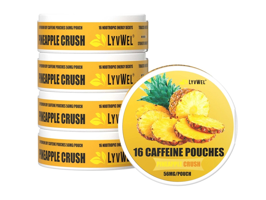 LyvWel 56mg Kofeīna enerģijas maisiņi – Ananass – Tīra enerģija un Focus Boost ar Guarana – 5 Iepakojums ar 16 maisiņiem uz vienu kannu (80 Kopā maisiņi)