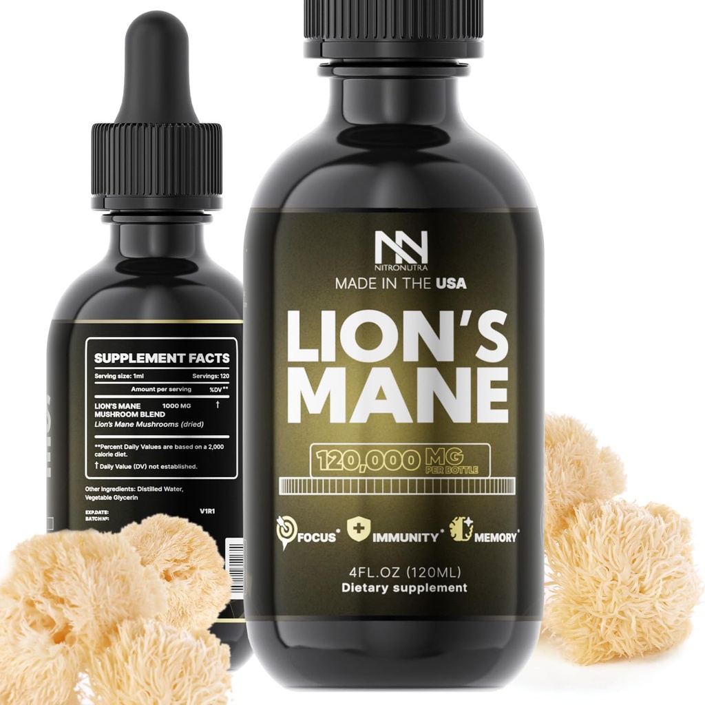 Lauvas Mane sēņu papildinājums - Organic Lions Mane ekstrakts smadzeņu veselībai, atmiņai, fokusam un imūnsupport - Nootrop Vegan Liquid Tincture - Ražots ASV - 4 Fl Oz
