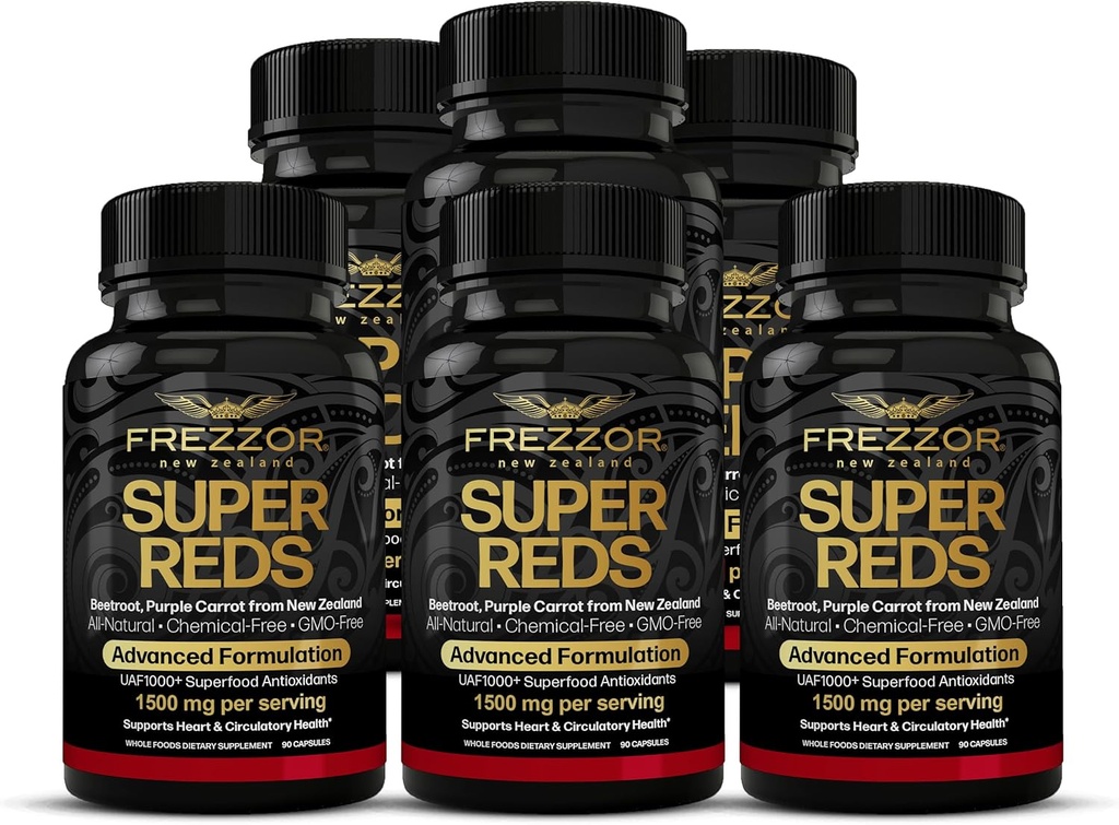 FREZZOR Super Reds Kapsulas ar UAF1000+, All-Natural New Zealand Red Superfood Energy, Essential Red Fruits Veggies & Beets, Antioksidanti, Fermenti, Enerģijas bagātinātāji, 540 Kapsulas, 6 pudeles