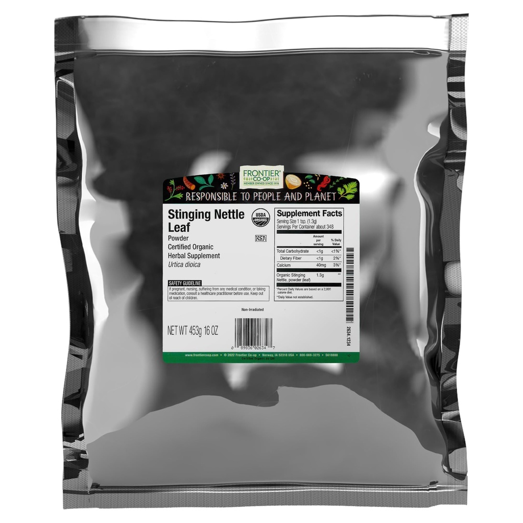 Frontier Co-op Organic Ground Sting Nettle Leaf, Žāvēts Nettle Leaf Pulveris, Košēra        - 16 Ounce (1. iepakojums)