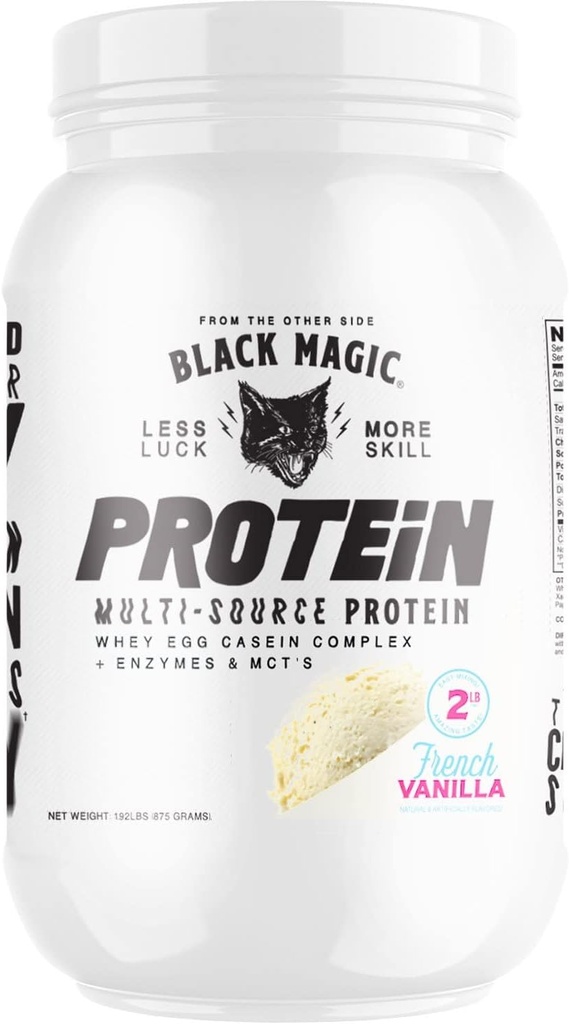 Black Magic Multi-Source Protein - Sūkalas, kazeīns, enzīmi, & MCT - Pre post Workout - Keto, zems cukurs, bez lipekļa - Francijas Vanilla - 24g Protein - 2 LB