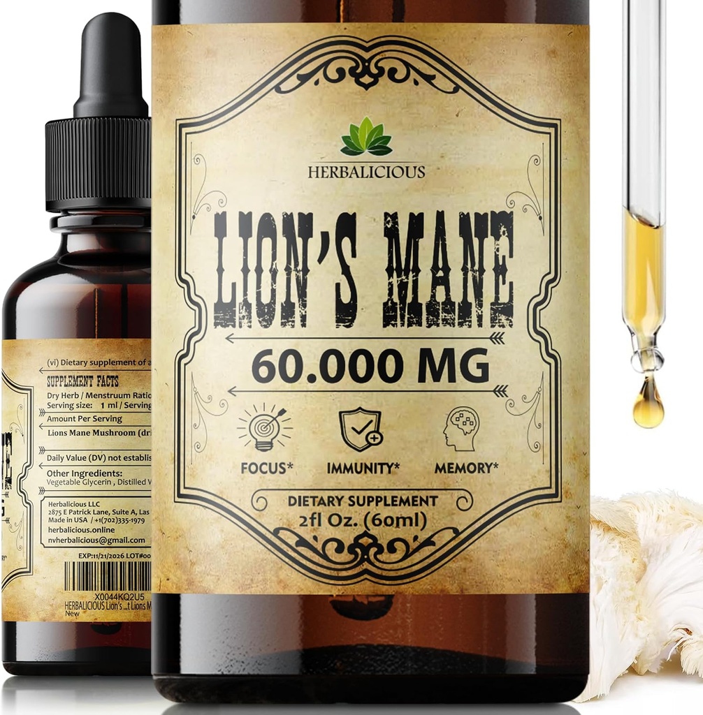 Lion's Mane ekstrakts 2 fl oz Liquid – Dabīgs sēņu papildinājums Tinktūra smadzenēm, atmiņai, garīgai skaidrībai un fokusam – Imūnsupport – augstas intensitātes formula – 90 dienu piegādes