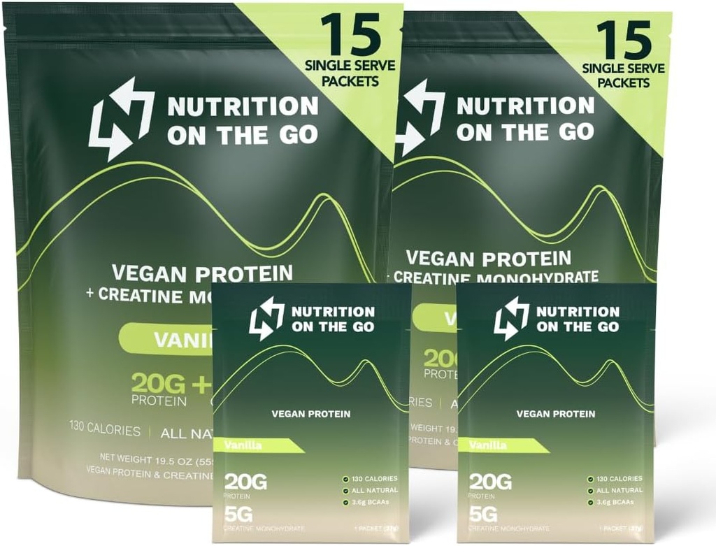 Uzturs uz Go Vegan Protein pulvera paketes ar kreatīnu – 20g augu olbaltumvielas + 5g kreatīns – viena serve ceļojumu proteīna pulveris – dabiska, bez lipekļa – vaniļa – (30-paka)