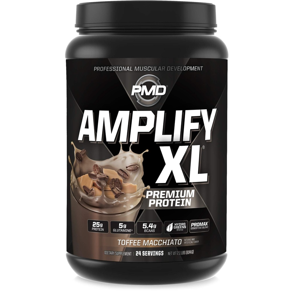 PMD Sports Pastiprināt XL Premium sūkalu proteīns papildinājums Hydro Greens Blend - Glutamīns un sūkalu proteīns Matrix ar Superfood muskuļu, stipruma un reģenerācijas - Toffee Macchiato (24 Kalpo)