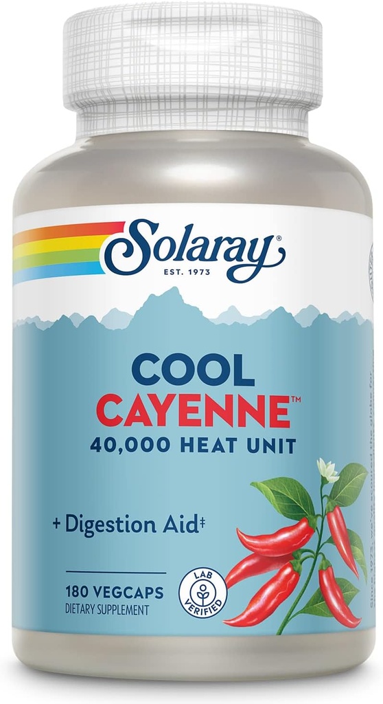 SOLARAY Cool Cayenne Pepper 40 000 HU, Cayenne Piparu kapsulas, gremošanas palīglīdzekļi, Bio-Cool process, Lab Verified, 60 dienu naudas atmaksas garantija, 90 Servējumi, 180 VegCaps