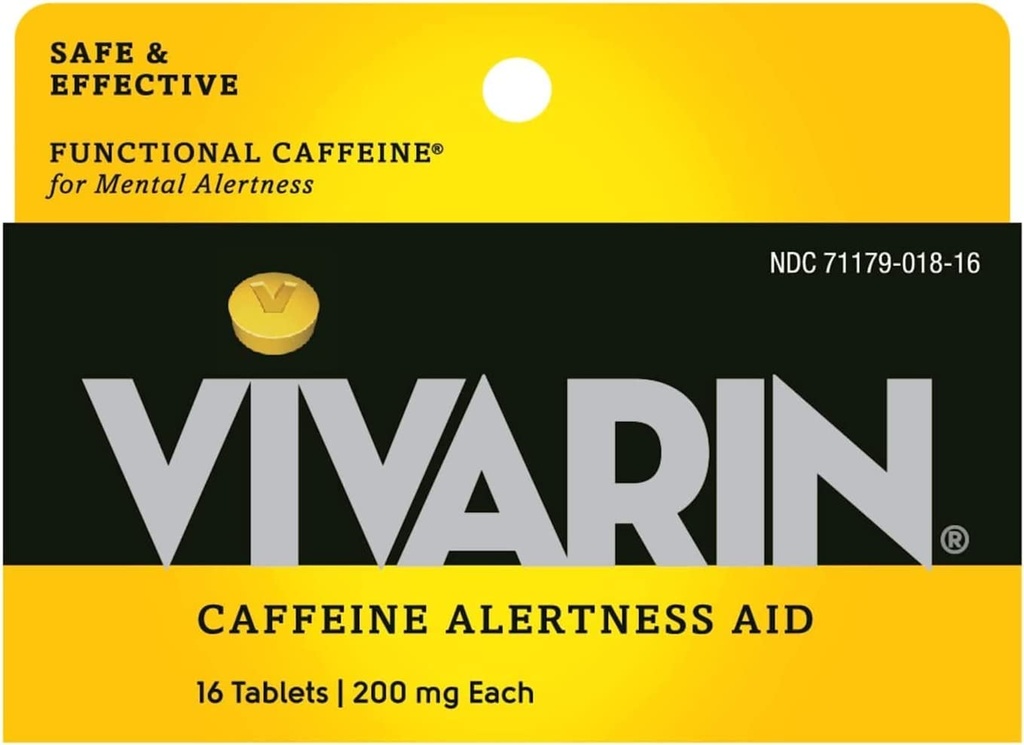 Vivarin, kofeīns tabletes, 200mg kofeīns katrā tabletē, Droši un efektīvi palīdz jums palikt nomodā, brīdinājuma palīdzība, enerģijas papildinājums, 16 tabletes - 5 iepakojums