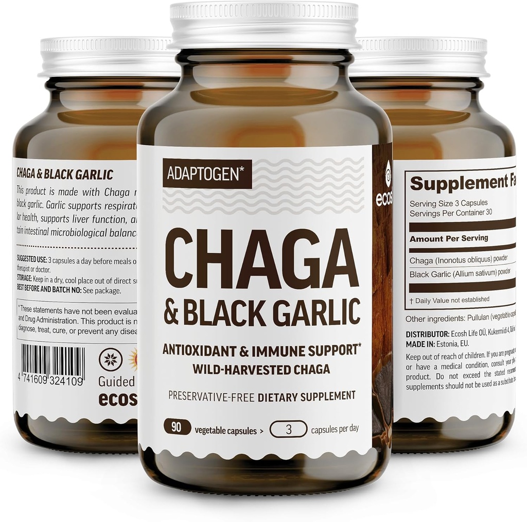100% Real Wild Chaga Sēnes & Novecots Melns Ķiploku pulveris Kapsulas — Antioksidants & Imūnbalsts Papildinājums                  - Nordic Forest Chaga Sēnes ar melnu Ķiploku - Nē Fileri - 1500mg Kapsulas - 90 ct
