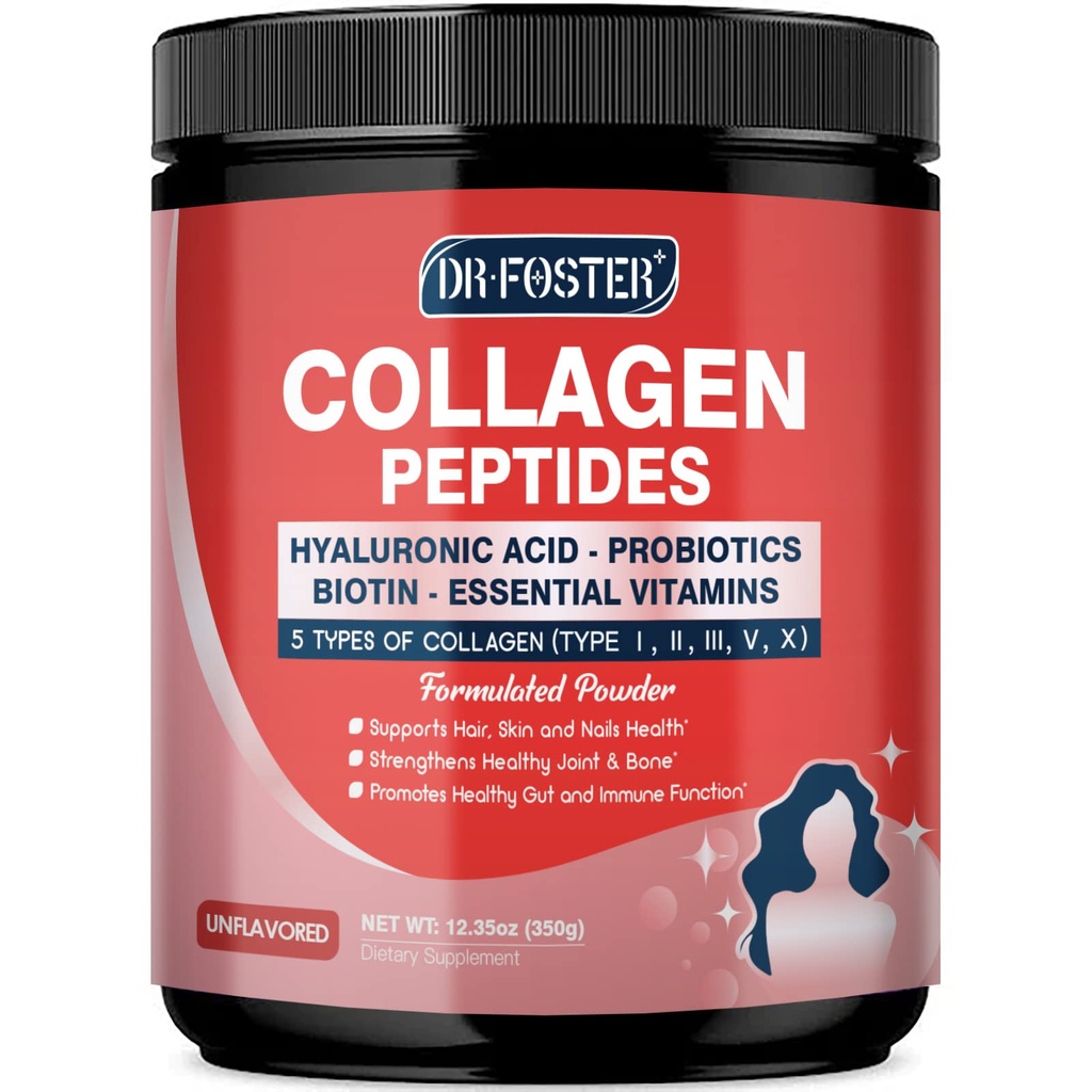 Multi-kolagēna peptīdi Pulveris ar probiotikām - I II III V X tips - Hidrolizēti kolagēna peptīdi ar multivitamīniem, hialuronskābe un biotīns - Atbalsts ādas matu nagu locītavas & Gut, 35 Kalpo