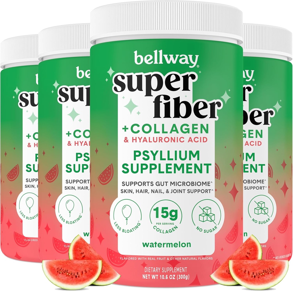 Bellway Super Fiber pulveris + kolagēns (4 iepakojumi), bezcukura Psylium Husk Pulveris ar kolagēna peptīdiem un hialuronskābi zarnu veselībai, vesela āda, naglas, kauli un locītavas, arbūzs (42,4 oz)