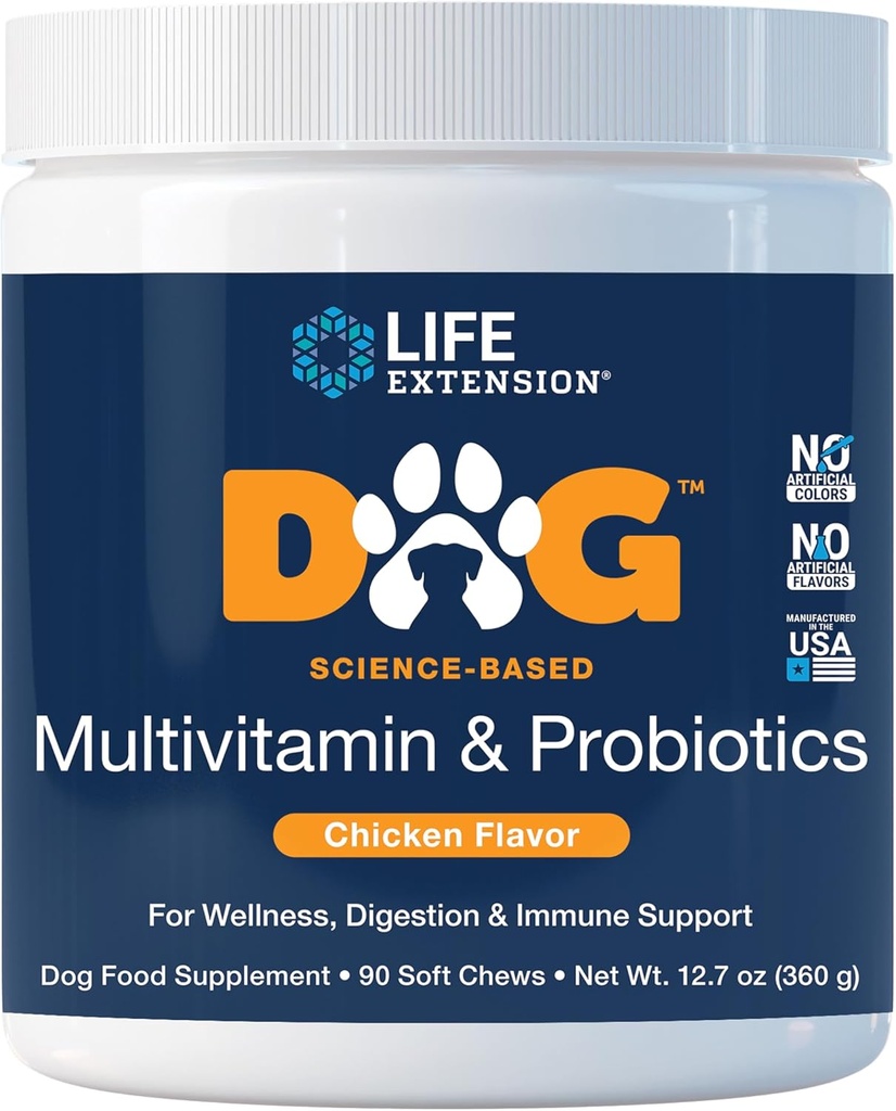 Life Extension Dog Multivitamīni un probiotikas - Suņu uztura papildinājums vispārējai veselībai, gremošanas un imūnās atbalsta - Vitamīni, Probiotikas Blend, Jaunpiens (Bovina) - 90 Soft Chews