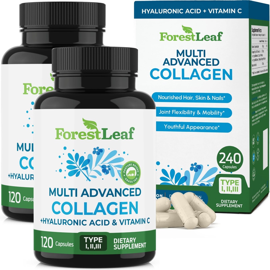ForestLeaf Multi-kolagēna tabletes ar hialuronskābi + C vitamīnu; hidrolizēti kolagēna papildinājumi sievietēm vai vīriešiem; multi-kolagēna kapsulas Peptīdi ādai, grumbas, 240