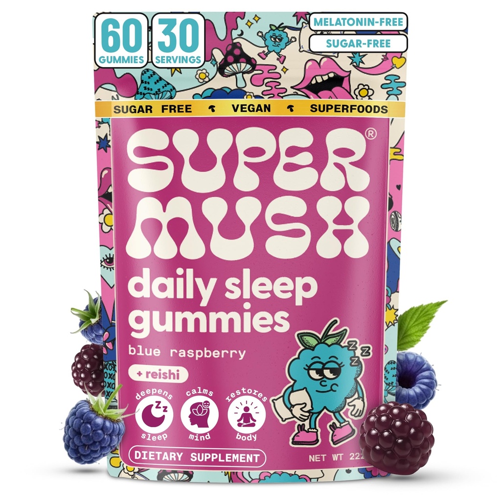 SuperMush Miega Gumijas pieaugušajiem - Sēnes Papildinājums ar magnija citrāts, L-Teanīns, Chaga, Reishi & Kumelīte dziļam miegam, REM & Detox - Vegāns un bezcukura - 60 Gumijas (30 Kalpo)