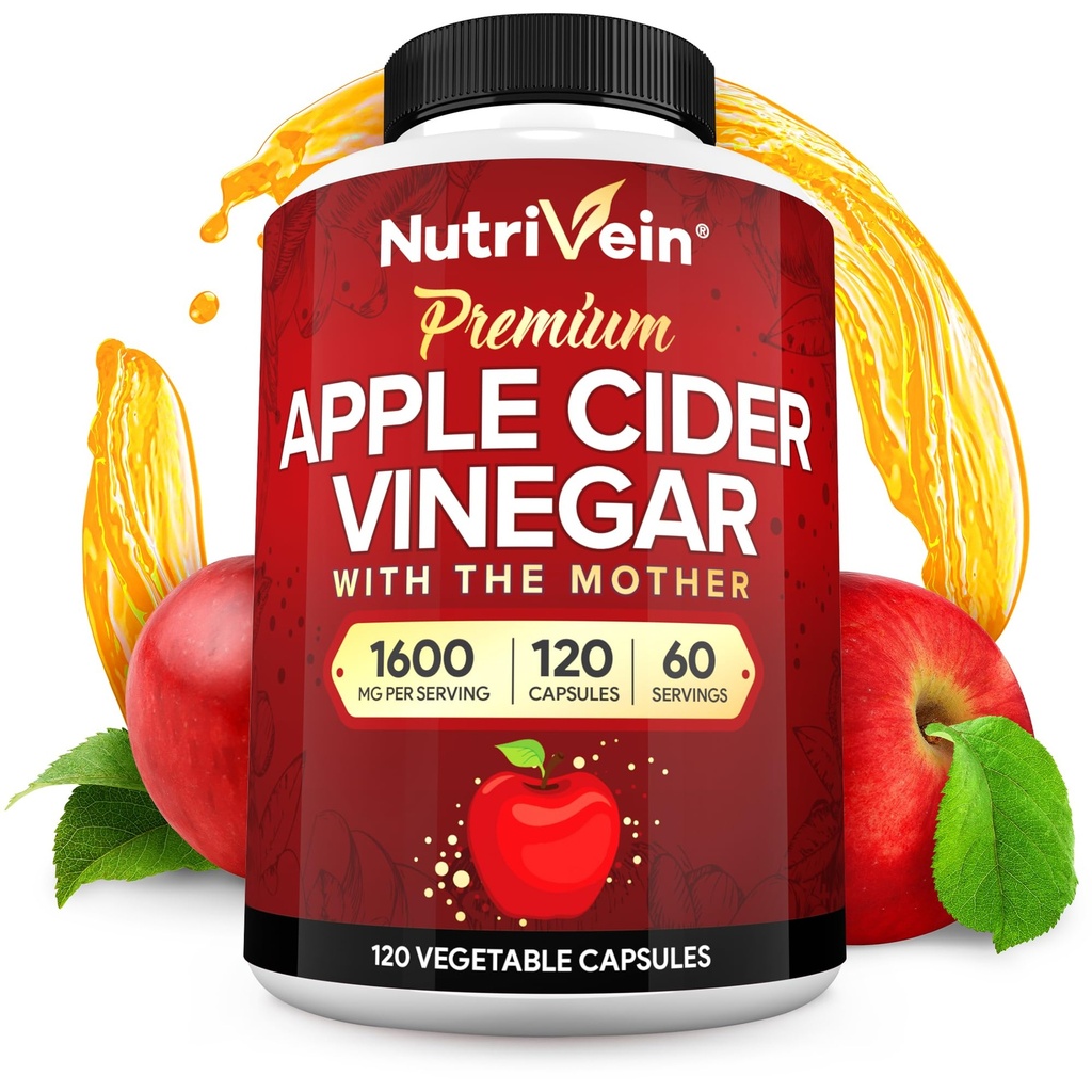 Nutrivein Premium Apple Sidra Etiķis Papildinājumi Mātei - 1600 mg - 120 Apple Sidra Etiķa Kapsulas: ACV Tabletes Gremošanas, Keto, Tīrīšanas un līdzsvarota uztura
