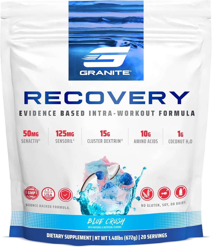 Granīta atgūšana Intra un post-Workout Papildinājums, Blue Crush Flavor, ar 10g Aminos, Elektrolīti, Cluster Dextrin, & Sensoril, Atbalsta Muskuļu atgūšana un izaugsme (20 Kalpo)