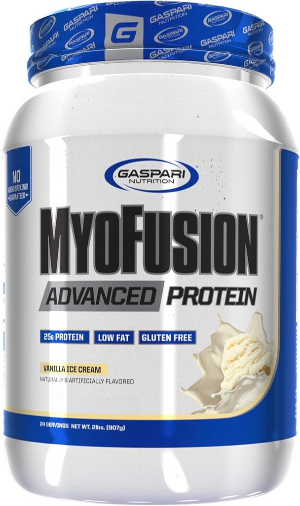 Gaspari Nutrition Myofusion Advanced Protein, Protein Blend ar sūkalu proteīnu, Kazeīna proteīnu un izolāta proteīnu, zemu tauku un glutēna bez (2lbs, Vanilla Ice Cream)