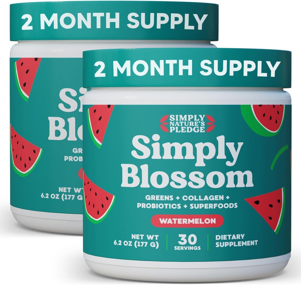 Vienkārši Blosom Nutrition Daily Greens & Superfood Pulveris + kolagēns + Probiotikas sieviešu gremošanas Veselība & Bloating Relief. Palīdzēt Jūsu veselībai Bloom - 2 mēnešu piegādes - Arbūzu