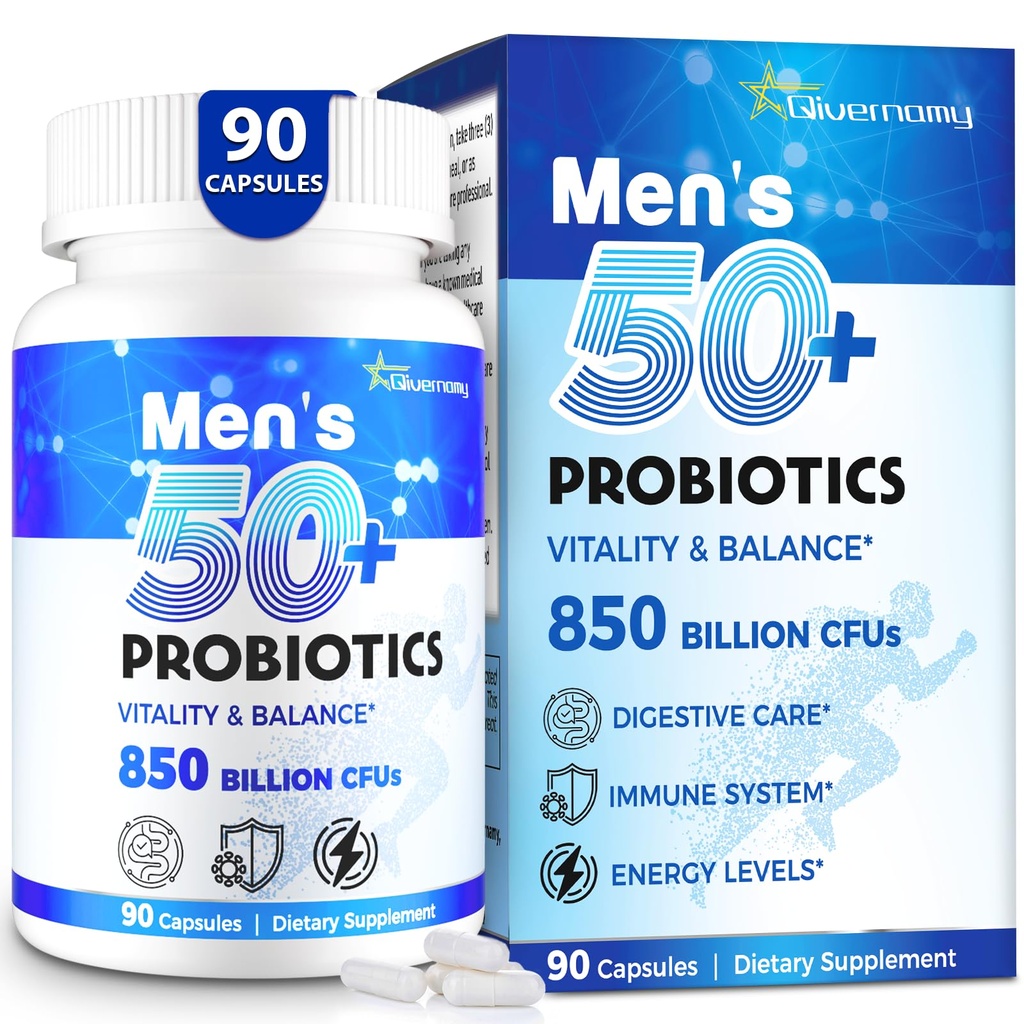 Probiotikas vīriešiem, Advanced 50+ vīriešu probiotikas, visaptverošs Gut & Energy Atbalsts ar 850 miljardu KVV, 1800mg Prebiotikas Fiber – Pielāgots Wellness vīriešiem probiotikas zarnu veselību vairāk 50, 90 Kapsulas