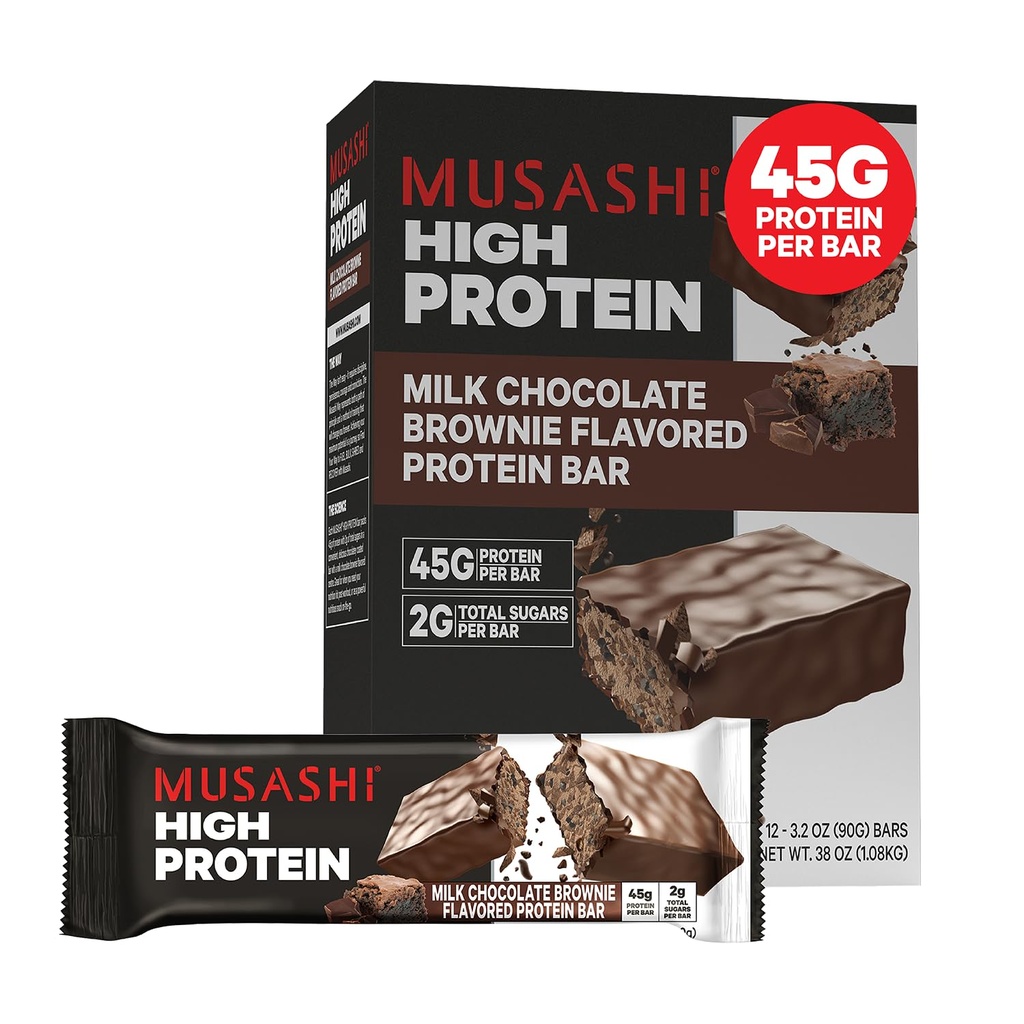 MUSASHI High Protein Bar, 45g Olbaltumvielas, 2g Kopējais Cukurs, Piena Šokolādes Brownie, Post Workout un Olbaltumvielu Uzkodas uz Go, 12 Pack of 3.2oz (90g) Bāri