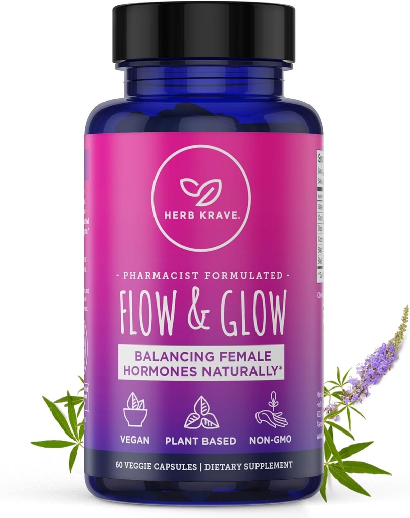 Plūsma un glow dabas hormonu balanss sievietēm - PMS & Menopause Relief for Cramps, Mood Swings & Night Sweats with Donq Quai & Black Cohosh for Menopause - 60 Vegan kapsulas (1 iepakojums)