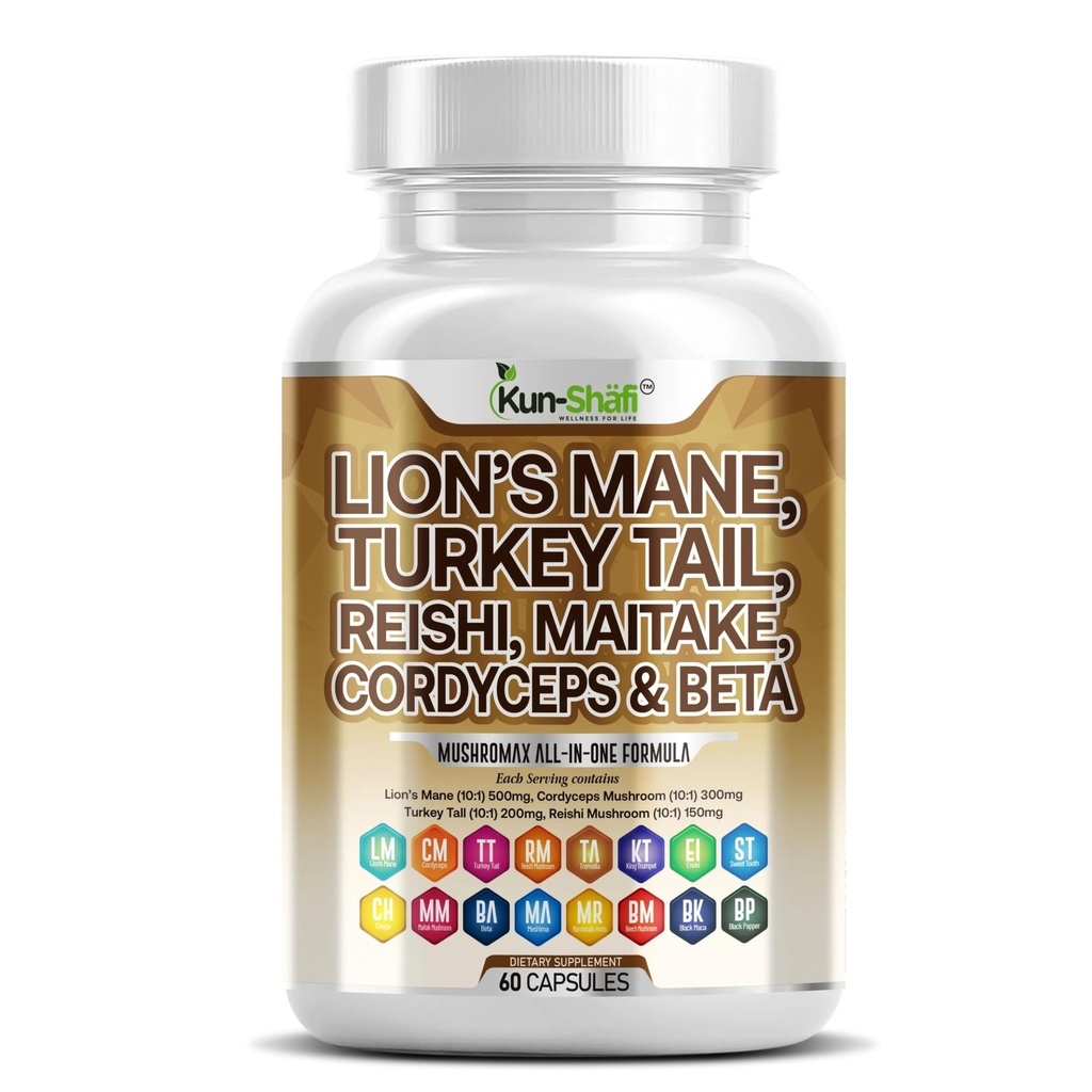 Lauvas Mane 3000mg 20in1 Sēnes Papildinājums ar Turciju Aste 2000mg Reishi 1000mg Cordyceps Chaga 1000mg Maitake Meshima Poria Cocos Shiitake Oyster Porconi Enoki 60 Count