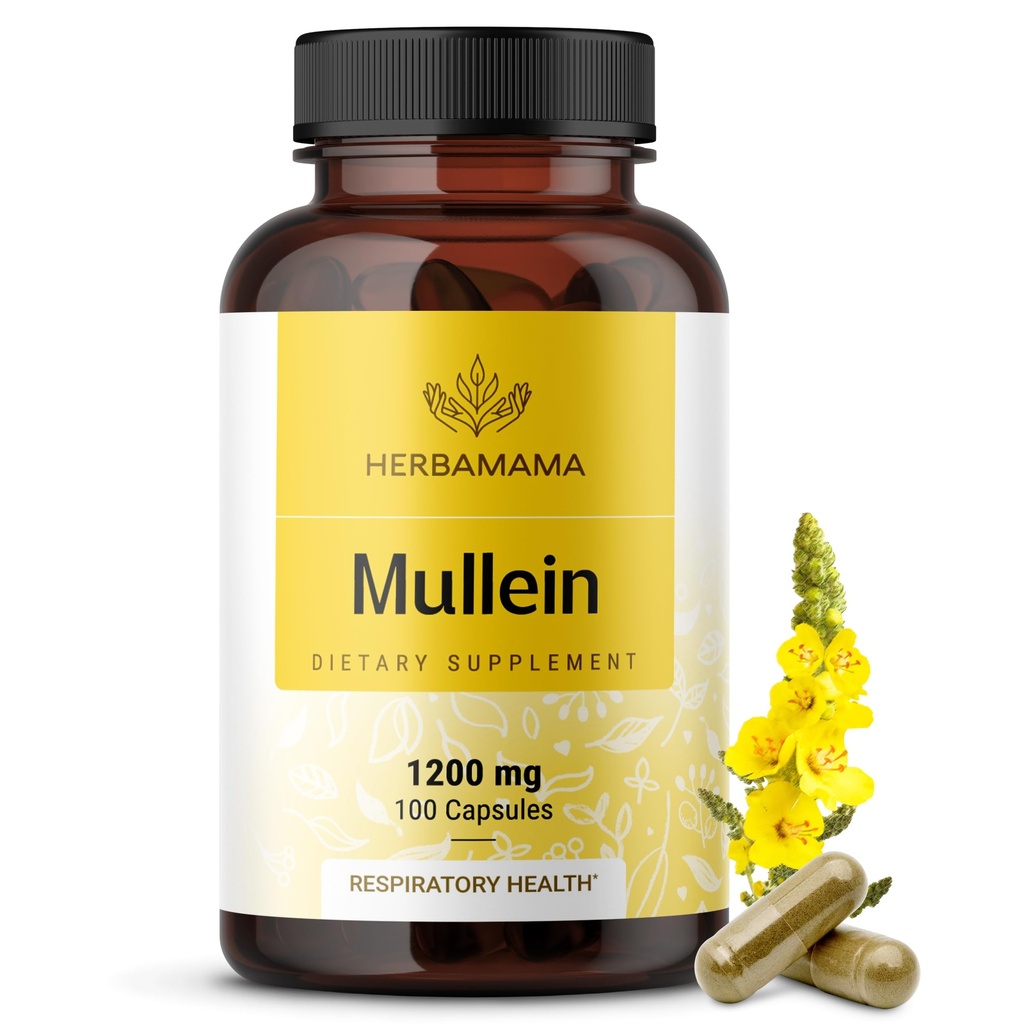 HERBAMAMA Mullein Leaf kapsulas - 1200mg Mullein Leaf ekstrakts plaušu detoksa atbalstam - Vegan, ne- GMO respiratorais plaušu tīrīšanas papildinājums