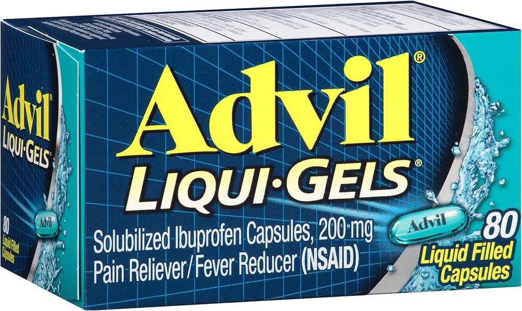 Advil Liqui- Gels sāpes Reliver un drudzis Reduktors, sāpes Medicīna pieaugušajiem ar Ibuprofēnu 200 mg galvassāpes, muguras sāpes, menstruālas sāpes un locītavu sāpes atvieglošana - 80 šķidrās, pildītās kapsulas