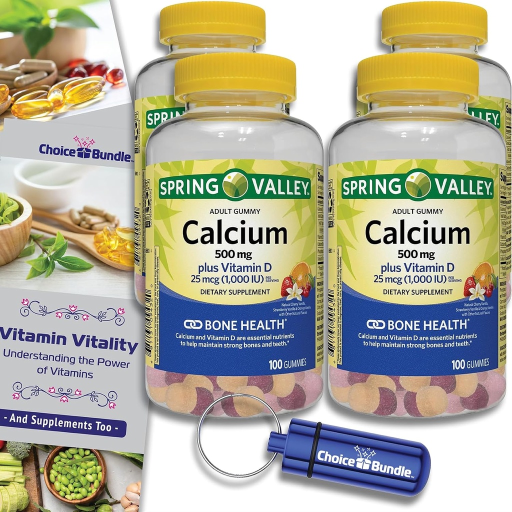 Izvēles Bundle Spring Valley Kalcijs 500 mg Plus D vitamīns 25 μg Kaulu veselības Uztura bagātinātāji Gumijas, 100 Ct 4 pk (400 Kopā) + Vitamīnu Guide un Pill konteineru (6 Vienības)!
