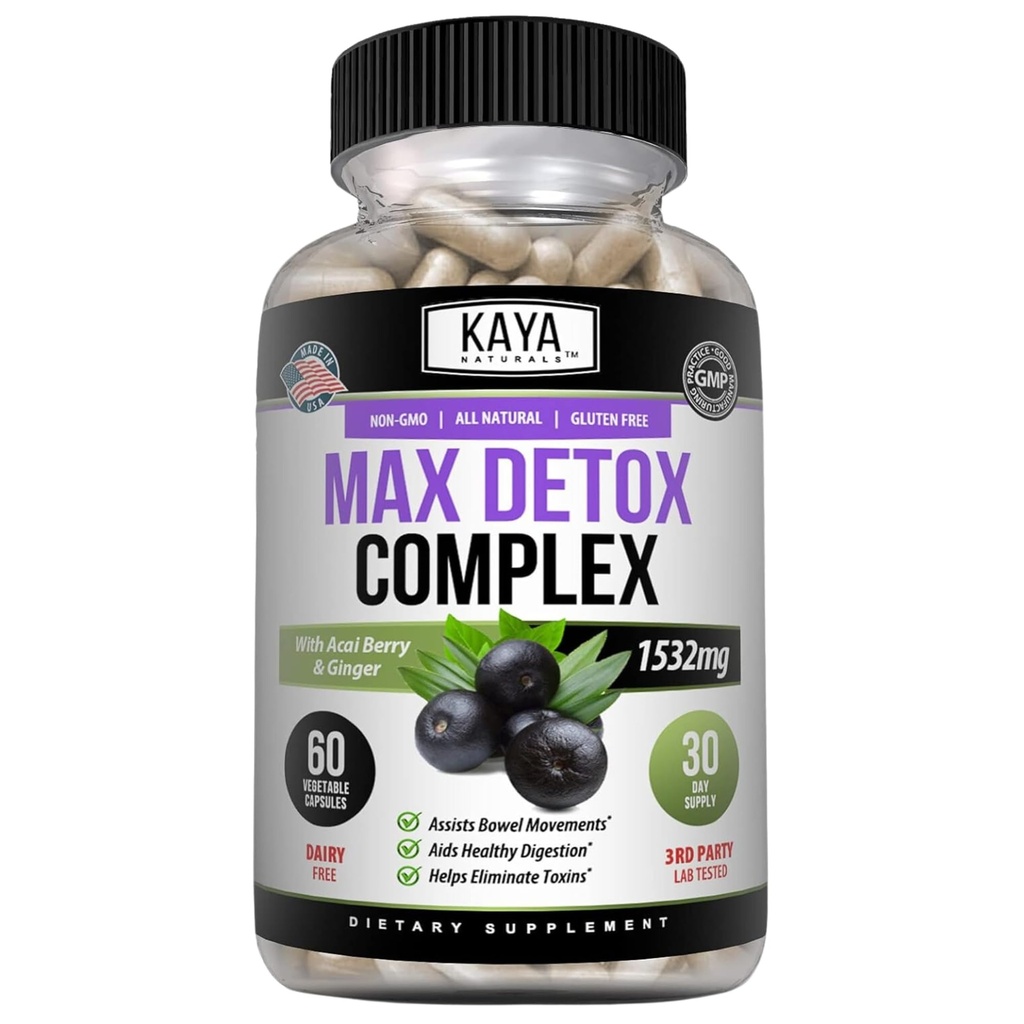 Kaya Naturals Max Detox Augu Papildinājums - Dabiskās sastāvdaļas 1532 mg - Psillija pulveris, Acai Berry Extract, Ingvera sakne 60 Skaits