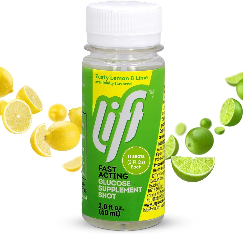 Lifta Glikoze Ātri iedarbojas glikozes enerģijas sulas šāvienu, citrona Laima, 2.0 fl oz pudeles (iepakojums 12)